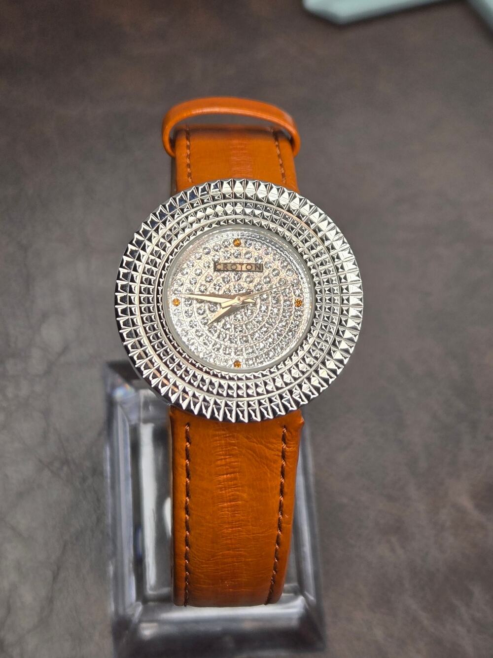 Croton Women's Watch Orange Eel Skin Strap Crystal Pave Dial Pyramid Bezel